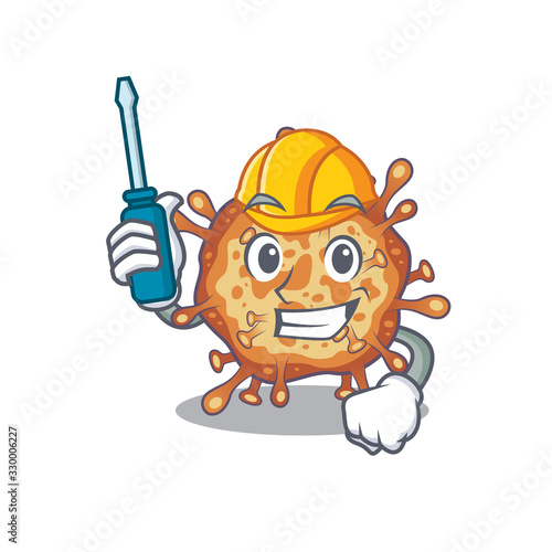 Smart automotive retro virus corona presented in cartoon character design