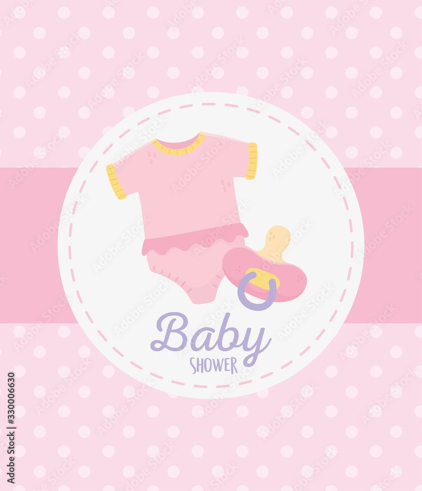 baby shower, bodysuit and pacifier celebration dots pink background label