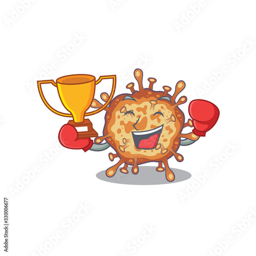 Happy face of boxing winner retro virus corona in mascot design style