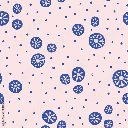 Abstract vector pattern of decorated circles and dots in pink and navy blue. Pretty seamless repeat design background.