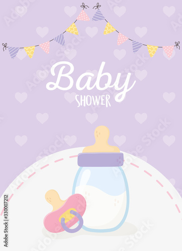 baby shower, milk bottle pacifier pennants hearts background purple