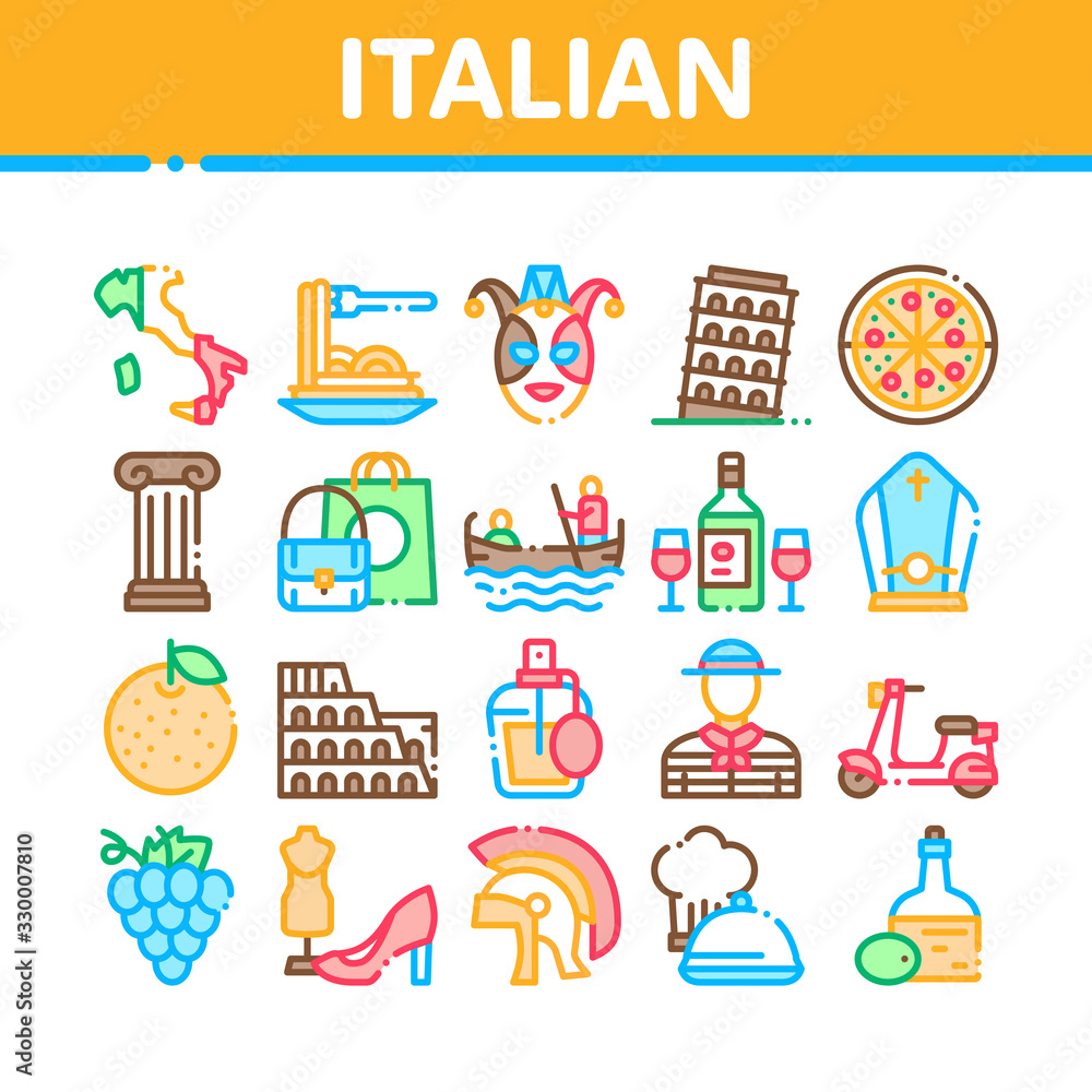 Italian Traditional Collection Icons Set Vector. Italian Pizza And Wine, Meal And Grape With Orange, Perfume And Fashion Cloth Accessories Concept Linear Pictograms. Color Contour Illustrations