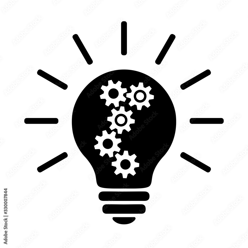 Light Bulb Black Flat Icon. Lighting Electric Lamp With Gear And Cog Wheel Inside, Simple Pictogram. Vector Graphic Design Element Isolated On White. Creative Idea Sign, Thinking, Innovation Concept. Light Bulb Black Flat Icon. Lighting Electric Lamp With Gear And Cog Wheel Inside, Simple Pictogram. Vector Graphic Design Element Isolated On White. Creative Idea Sign, Thinking, Innovation Concept.