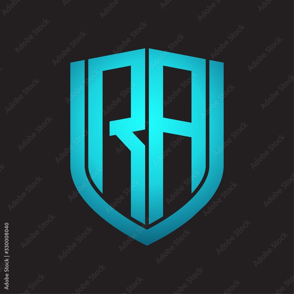 RA Logo monogram with emblem shield design isolated with blue colors on black background RA Logo monogram with emblem shield design isolated with blue colors on black background