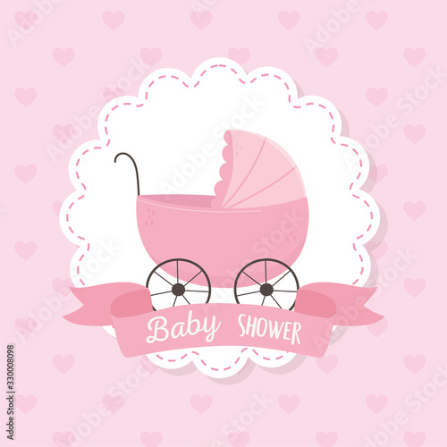 baby shower, pink pram ribbon label decoration hearts background
