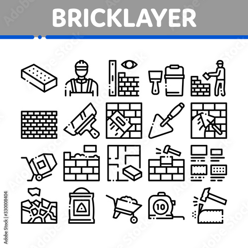 Bricklayer Industry Collection Icons Set Vector. Professional Bricklayer Worker, Mason Layer Equipment For Construct Brick Wall Concept Linear Pictograms. Monochrome Contour Illustrations