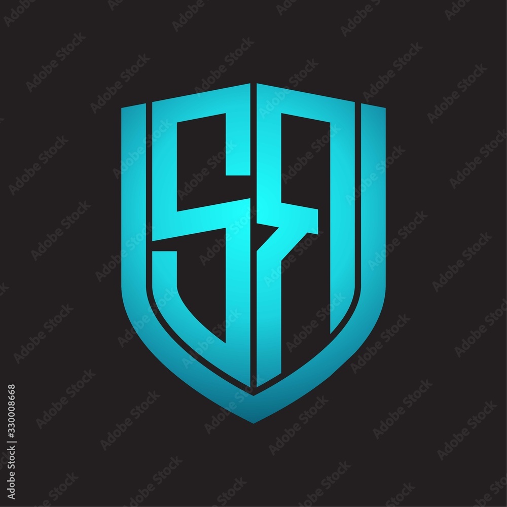 SR Logo monogram with emblem shield design isolated with blue colors on black background SR Logo monogram with emblem shield design isolated with blue colors on black background