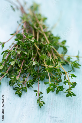 thyme on wooden surface