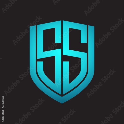 SS Logo monogram with emblem shield design isolated with blue colors on black background