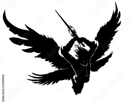 An angel with a two-handed sword breaks into battle preparing to make a mighty blow. He has 4 wings. View from above. 2d illustration.