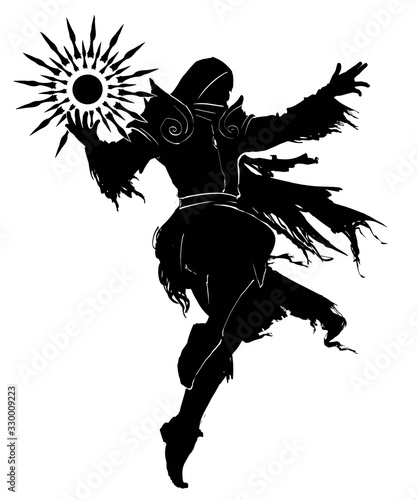 The wizard in the hood soars in the air casting a spell in his hands, on his back a torn cloak waving in the wind. 2d illustration.
