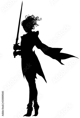The silhouette of a swordswoman girl standing in a strong wind, which flutters her hair and cloak, in her hands she holds a blade, standing in a graceful pose. 2d illustration