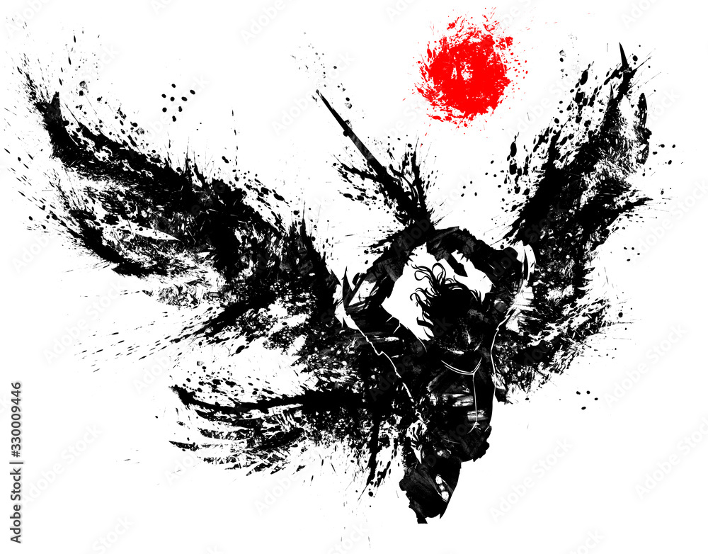 An angel with a two-handed sword breaks into battle preparing to make a mighty blow. He has 4 wings. View from above. Drawn with blots and strokes. 2d illustration.