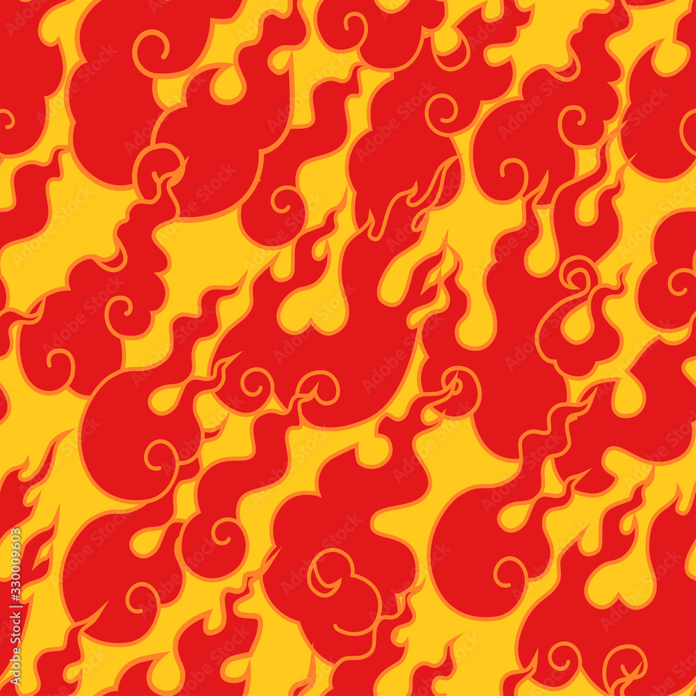 .Scarlet flame tongues on a yellow background. Vector seamless pattern.. .Scarlet flame tongues on a yellow background. Vector seamless pattern..