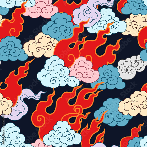 .Clouds and flame forks on a black background..Vector seamless pattern.