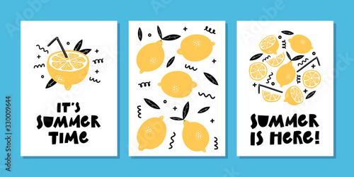 Vector set of bright summer cards or posters with lemon, lemon slice, lemonade and hand written text.