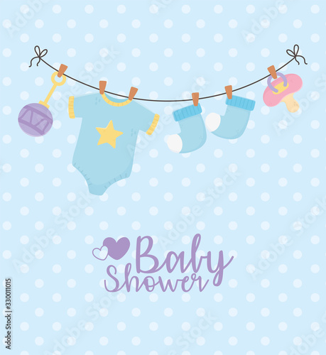 baby shower, blue hanging clothes pacifier dotted background card