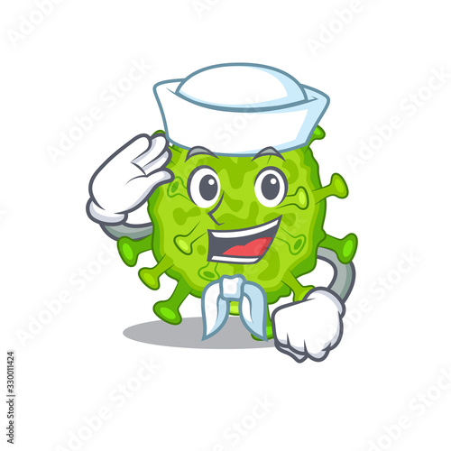 Cute virus corona cell Sailor cartoon character wearing white hat