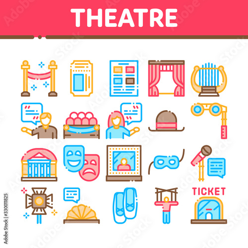 Theatre Equipment Collection Icons Set Vector. Theatre Ticket And Binoculars, Mask And Microphone, Curtain And Seats, Building And Hat Concept Linear Pictograms. Color Contour Illustrations
