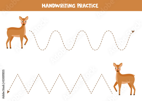 Trace the lines. Cute cartoon roe deer. Game for children.