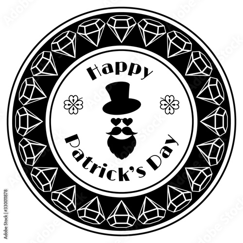 Happy Patrick's Day vector illustration of festive design. Black and white frame with all sorts of decor and text. Isolate elements. Design of banner, poster, flyer, greeting card, logo, packing etc