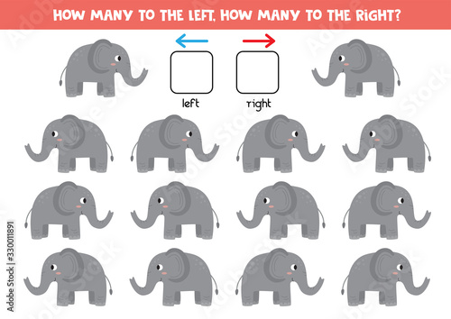 Educational worksheet for kids. Left or right with cute cartoon elephants.