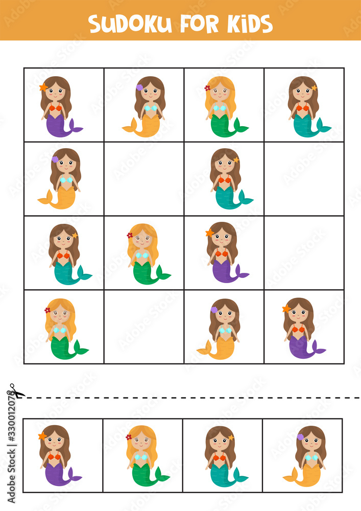 Sudoku for kids. Cute mermaids. Puzzle for kids. Sudoku for kids. Cute mermaids. Puzzle for kids.