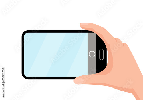 Taking photo on cellphone. White background. hand holding mobile.