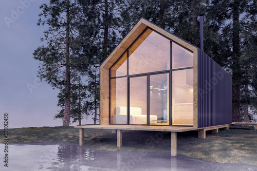 Secluded tiny house on the sandy shore of a lake with fog in a coniferous forest in cold cloudy lighting with warm light from the Windows. Stock 3D illustration