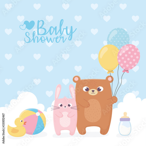baby shower, bear and rabbit with balloons ball duck bottle card © Stockgiu