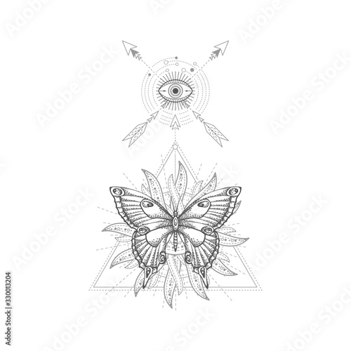 Vector illustration with hand drawn butterfly and Sacred geometric symbol on white background. 