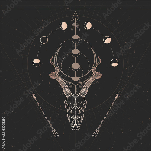 Vector illustration with hand drawn Antelope skull and Sacred geometric symbol on black vintage background. Abstract mystic sign.