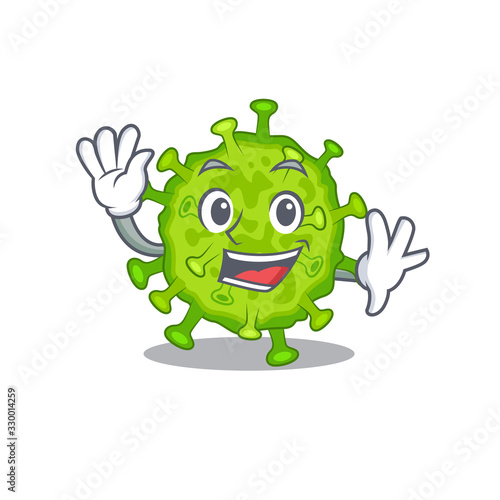 Smiley virus corona cell cartoon mascot design with waving hand