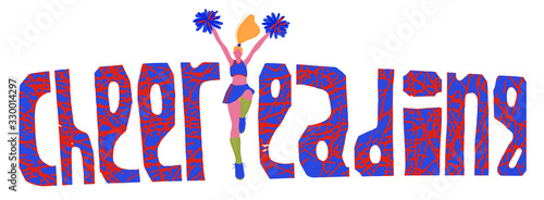 illustration of a cheerleader girl in a tracksuit. Hand-drawn picture in cartoon style. Lettering.	