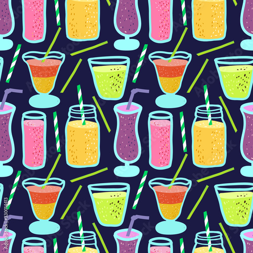 bright seamless pattern with different cocktails in cartoon style. Glasses of different shapes for smoothies. decor for fabric and packaging paper