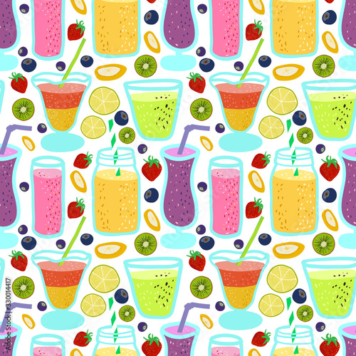 bright seamless pattern with cocktails and juicy fruit in a cartoon style. Decor for fabric, Wallpaper and wrapping paper.	