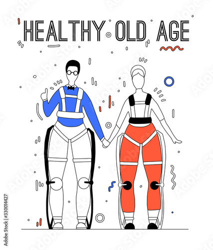 Pair of happy healthy old people in exosuits with lettering. Innovation in medicine. Elderly family. Exoskeleton for people with disabilities. Vector outline image for articles and your creativity.