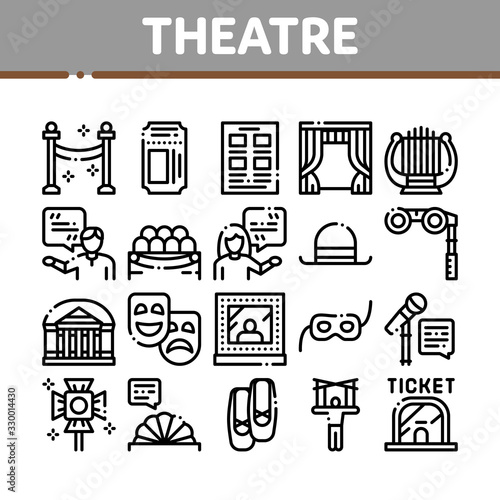 Theatre Equipment Collection Icons Set Vector. Theatre Ticket And Binoculars, Mask And Microphone, Curtain And Seats, Building And Hat Concept Linear Pictograms. Monochrome Contour Illustrations