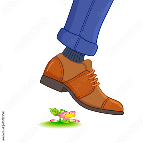 Vector illustration. The foot of a man in shoes steps on a flower. Destruction of nature, ecology, rare species of plants, crushed plants