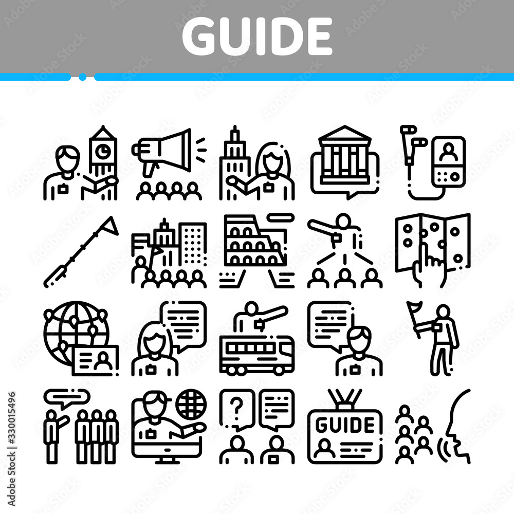 Guide Lead Traveler Collection Icons Set Vector. Bus And Media Player Guide, Badge And Loudspeaker, Speak And Show Landmark Tourism Concept Linear Pictograms. Monochrome Contour Illustrations