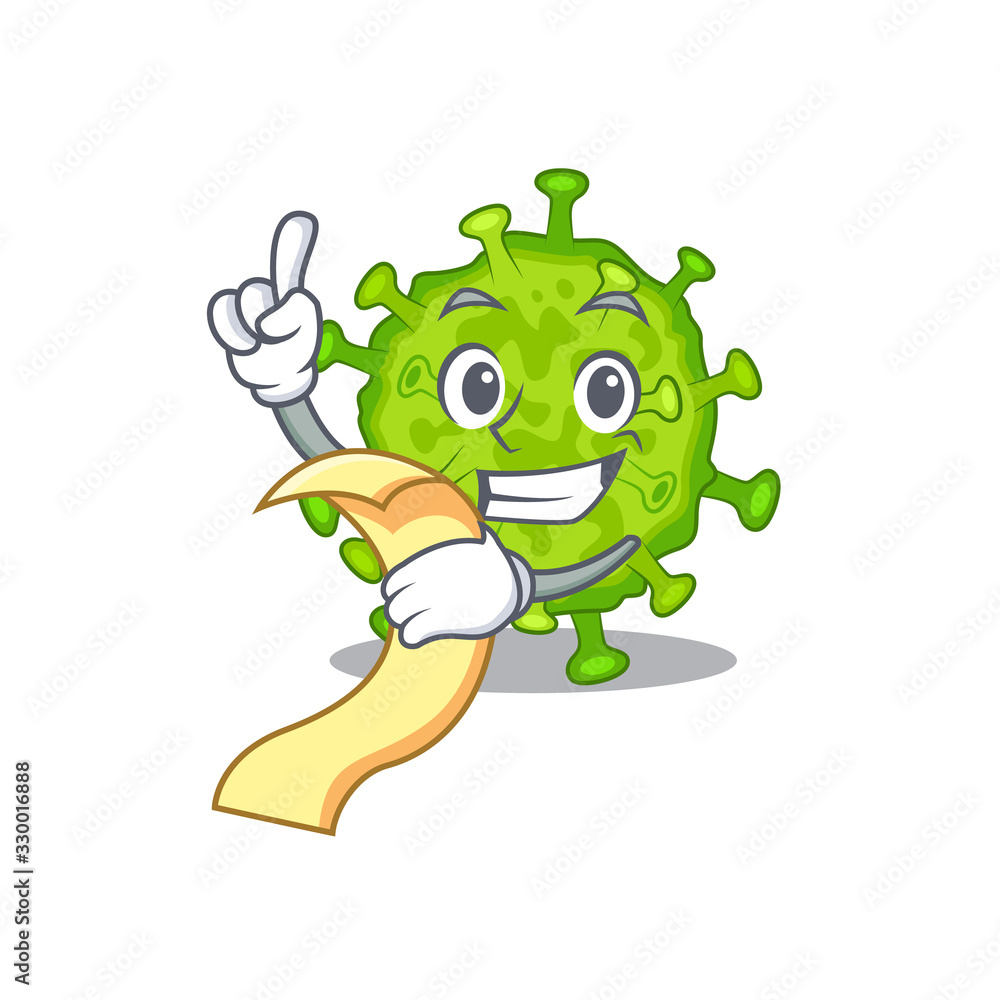 cartoon character of virus corona cell holding menu ready to serve cartoon character of virus corona cell holding menu ready to serve