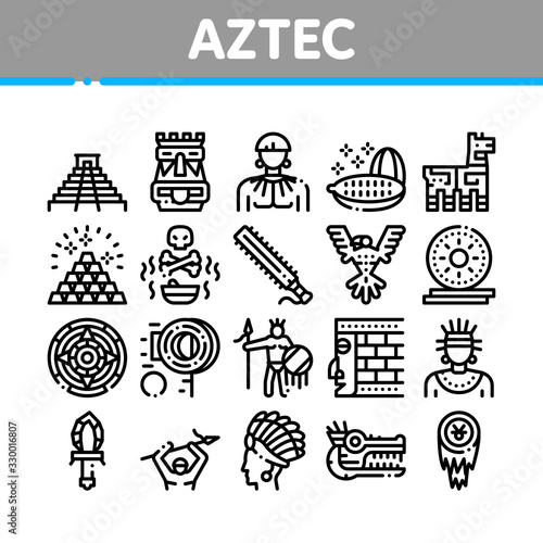 Aztec Civilization Collection Icons Set Vector. Aztec Antique Pyramid And Gold, Bird And Animal, Cozcacuauhtli And Mystic Totem Concept Linear Pictograms. Monochrome Contour Illustrations