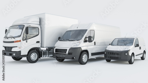 White Box Truck with Delivery Vans in a Row on White Background 3D Rendering