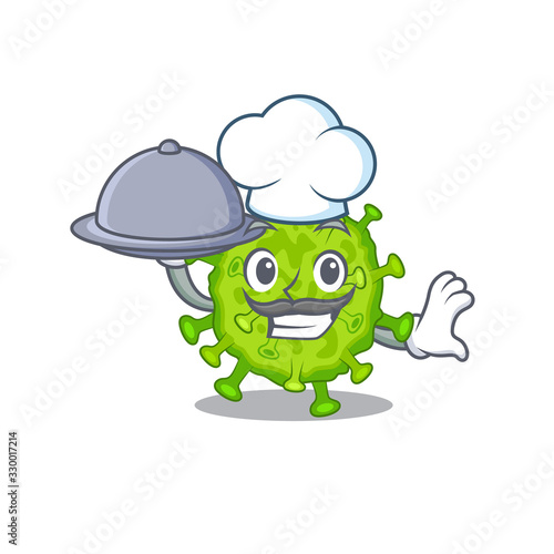 Virus corona cell as a chef cartoon character with food on tray