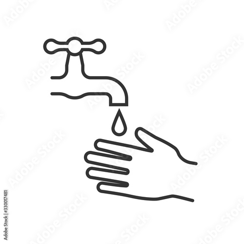 To wash hands black line icon. Hands under the water tap. Vector illustration flat design isolated on white background. Personal hygiene. Disinfection, skin care. Antibacterial washing.