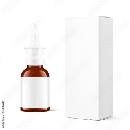 Bottle for nasal drops with cardboard packaging box mockup. Vector illustration isolated on white background. Ready for your design. EPS10. 