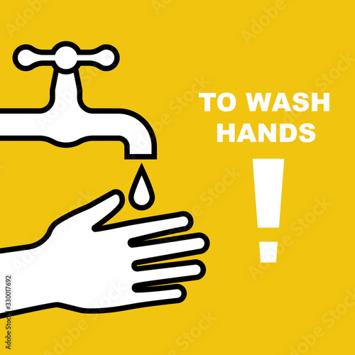Landing page to wash hands black line icon. Hands under the water tap. Vector illustration flat design. Warning banner template. Personal hygiene. Disinfection, skin care. Antibacterial washing.