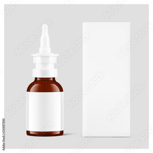 Bottle for nasal drops with cardboard packaging box mockup. Vector illustration on grey background. Ready for your design. EPS10. 