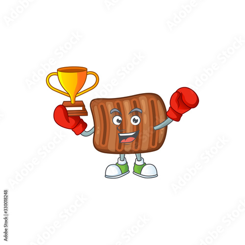 Happy face of boxing winner roasted beef in mascot design style