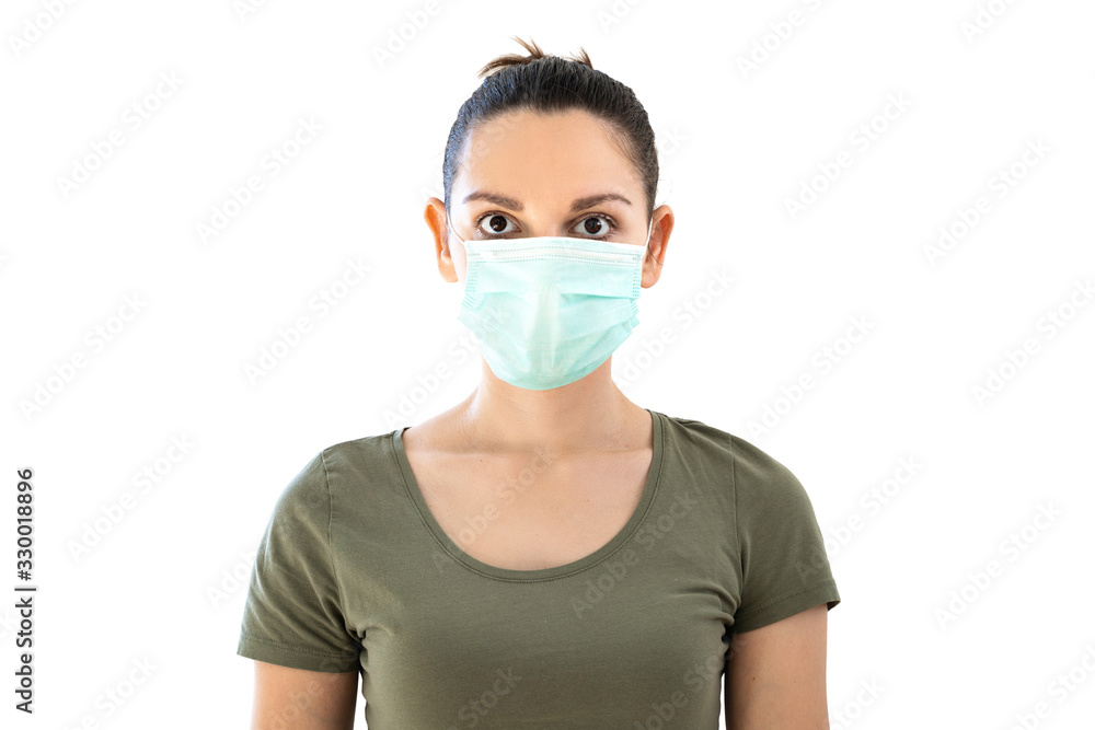 Isolated woman with medical mask. Virus or air pollution concept Isolated woman with medical mask. Virus or air pollution concept